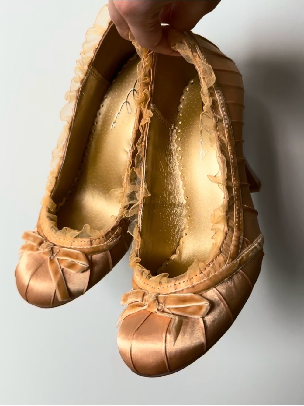 Ellie Gold Satin Doll-Style High Heels with Bow